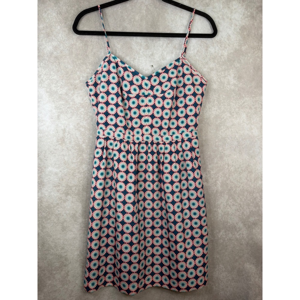 J.Crew Dress Womens 4 Teal Pink Geometric Floral Sunburst Spaghetti Strap Mini
